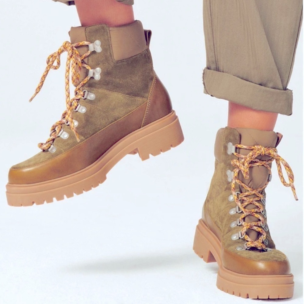 BA&SH Canyon Boots Lug Sole Lace Up Closure Leather/Suede Green/Tan SZ 7.5